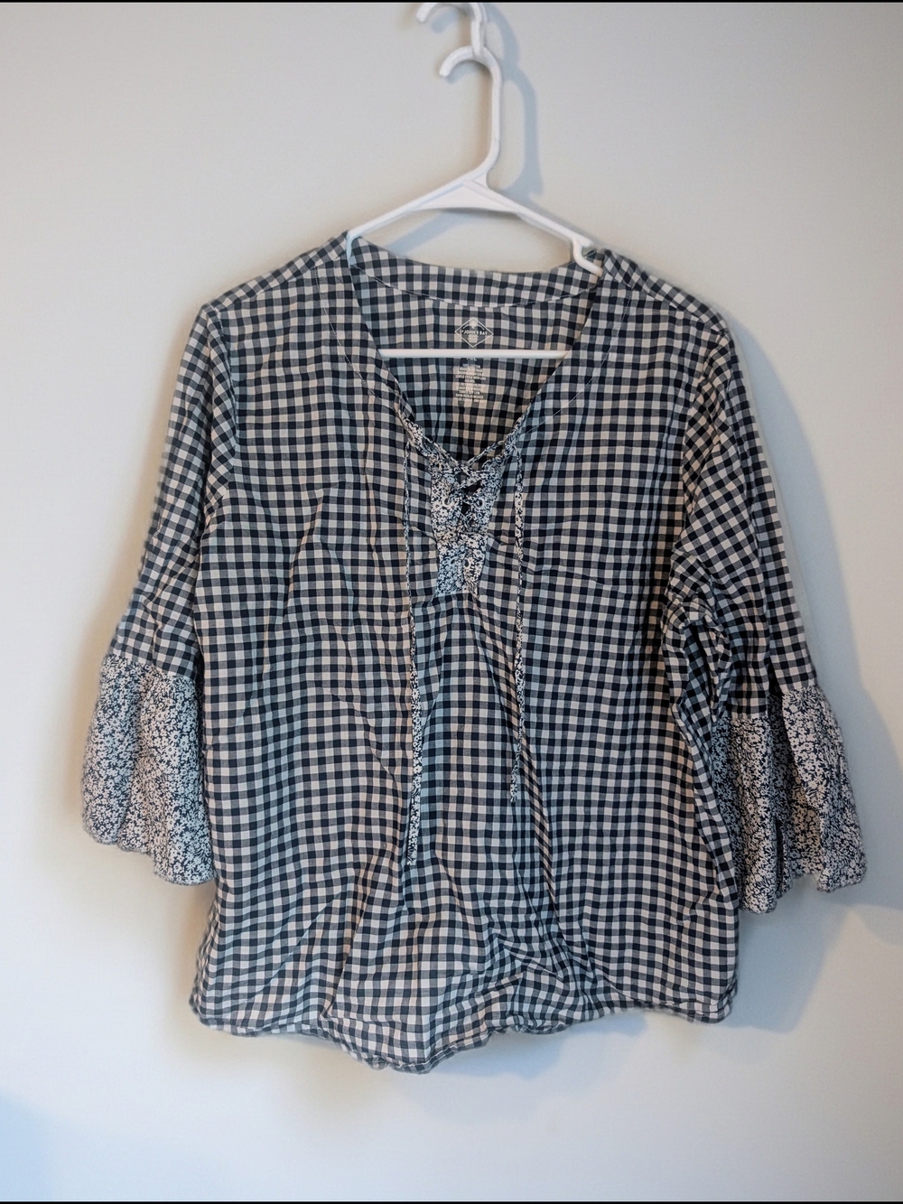 St. John's Bay Navy and White Gingham Peasant Blouse with Bell Sleeves - PXL